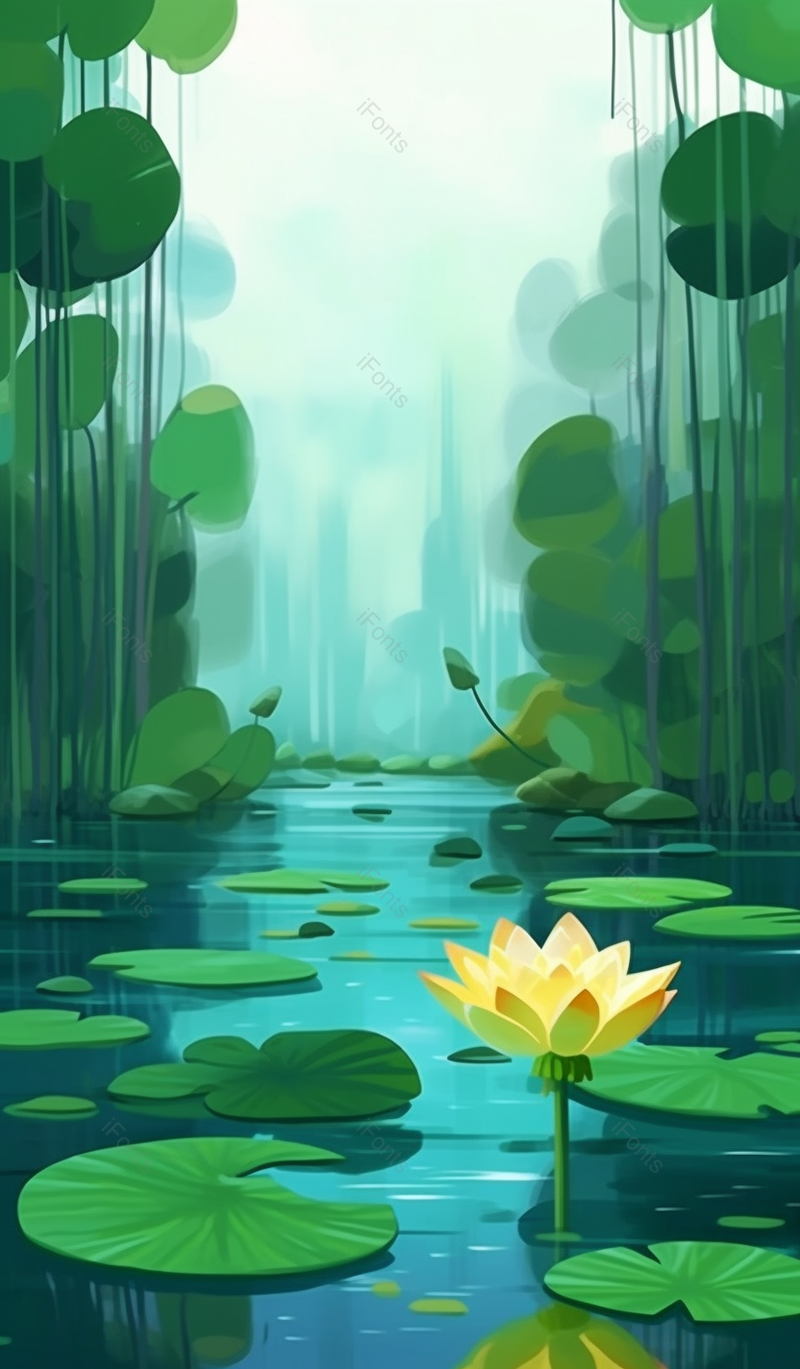 唯美绿色夏至池塘的风景清新插画背景,插画/手绘图,插画/手绘图库,插画/手绘图下载,插画/手绘